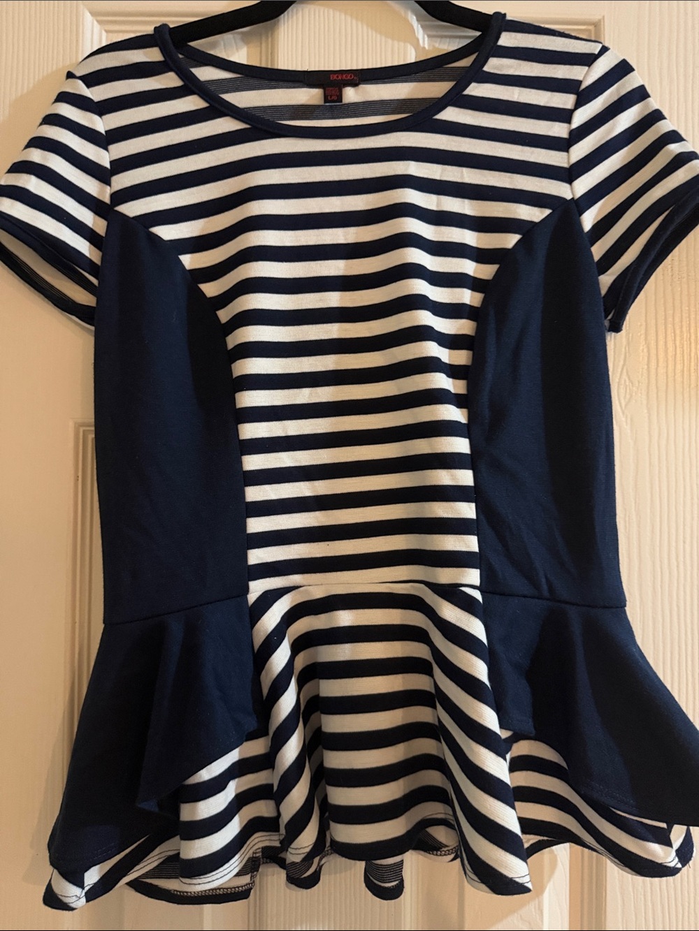 BONGO Navy and White Striped Peplum Top